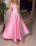 Ndyad Pink Strapless A-Line Satin Long Prom Dresses Formal Evening Gowns HZ1024