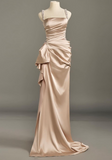 Ndyad Champagne Square Neck Sheath Satin Long Prom Dresses Formal Evening Gowns HZ1024