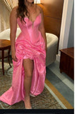 Ndyad Hot Pink A-Line Strapless Taffeta Long Prom Dresses Formal Evening Gowns HZ1024