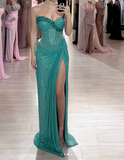 Ndyad Turquoise Strapless Sheath Glitter Two-Piece Prom Dresses Formal Evening Gowns with Slits HZ1024