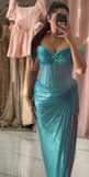 Ndyad Turquoise Strapless Sheath Glitter Two-Piece Prom Dresses Formal Evening Gowns with Slits HZ1024
