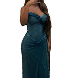 Ndyad Turquoise Strapless Sheath Glitter Two-Piece Prom Dresses Formal Evening Gowns with Slits HZ1024