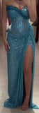 Ndyad Turquoise Strapless Sheath Glitter Two-Piece Prom Dresses Formal Evening Gowns with Slits HZ1024