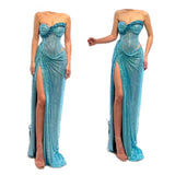 Ndyad Turquoise Strapless Sheath Glitter Two-Piece Prom Dresses Formal Evening Gowns with Slits HZ1024
