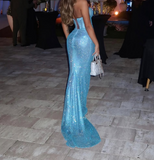 Ndyad Blue V-Neck Mermaid Long Prom Dresses Formal Evening Gowns HZ1024