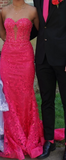 Ndyad Hot Pink Sweetheart Mermaid Tulle Applique Long Prom Dresses Formal Evening Gowns HZ1024
