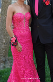 Ndyad Hot Pink Sweetheart Mermaid Tulle Applique Long Prom Dresses Formal Evening Gowns HZ1024