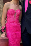 Ndyad Hot Pink Sweetheart Mermaid Tulle Applique Long Prom Dresses Formal Evening Gowns HZ1024