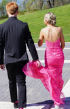 Ndyad Hot Pink Sweetheart Mermaid Tulle Applique Long Prom Dresses Formal Evening Gowns HZ1024