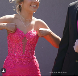 Ndyad Hot Pink Sweetheart Mermaid Tulle Applique Long Prom Dresses Formal Evening Gowns HZ1024