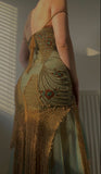 Ndyad Spaghetti Straps Sheath Tulle Beaded Long Prom Dresses Elegant Evening Gowns HZ1024