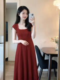 Evafashion simple A-line square neck long skirt HZ1024