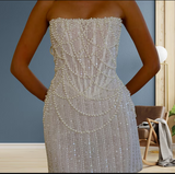 Ndyad White Strapless Bodycon Beaded Short Evening Dress Birthday Party Dress HZ1024