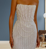 Ndyad White Strapless Bodycon Beaded Short Evening Dress Birthday Party Dress HZ1024