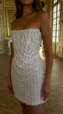 Ndyad White Strapless Bodycon Beaded Short Evening Dress Birthday Party Dress HZ1024