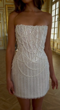 Ndyad White Strapless Bodycon Beaded Short Evening Dress Birthday Party Dress HZ1024