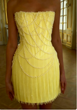 Ndyad White Strapless Bodycon Beaded Short Evening Dress Birthday Party Dress HZ1024