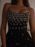 Ndyad Black Strapless Sheath Satin Beaded Short Party Dresses Fashionable Homecoming Dress HZ1024