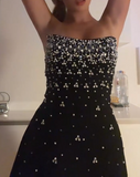 Ndyad Black Strapless Sheath Satin Beaded Short Party Dresses Fashionable Homecoming Dress HZ1024