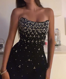 Ndyad Black Strapless Sheath Satin Beaded Short Party Dresses Fashionable Homecoming Dress HZ1024