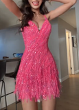 Ndyad Hot Pink Spaghetti Straps A-Line Beaded Sequins Short Prom Dresses Fashion Party Dresses HZ1024