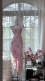 Ndyad Square Neck Pink Sheath Beaded Chiffon Prom Dresses Vintage Evening Gowns HZ1024