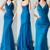 Ndyad Blue Halter Mermaid Satin Tulle Prom Dresses Vintage Evening Gowns with Appliques HZ1024