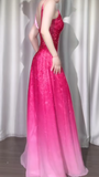 Ndyad Gradient Pink Spaghetti Straps A-Line Chiffon Beading Long Prom Dresses Elegant Birthday Evening Gowns HZ1024