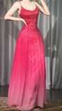 Ndyad Gradient Pink Spaghetti Straps A-Line Chiffon Beading Long Prom Dresses Elegant Birthday Evening Gowns HZ1024