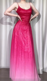 Ndyad Gradient Pink Spaghetti Straps A-Line Chiffon Beading Long Prom Dresses Elegant Birthday Evening Gowns HZ1024