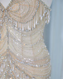 Ndyad Light Champagne Sweetheart Mermaid Tulle Beading Long Prom Dresses Formal Evening Gowns HZ1024