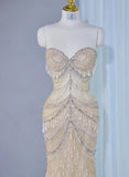Ndyad Light Champagne Sweetheart Mermaid Tulle Beading Long Prom Dresses Formal Evening Gowns HZ1024