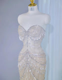 Ndyad Light Champagne Sweetheart Mermaid Tulle Beading Long Prom Dresses Formal Evening Gowns HZ1024