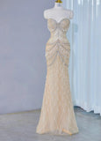 Ndyad Light Champagne Sweetheart Mermaid Tulle Beading Long Prom Dresses Formal Evening Gowns HZ1024