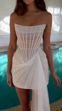 Ndyad White Strapless Sheath Tulle Beaded Short Evening Gowns Fashion Homecoming Dress HZ1024