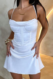 Ndyad White Halter Sheath Satin Short Birthday Party Dresses with Backless HZ1024