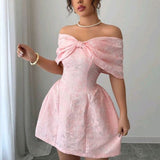 Ndyad Pink Off-the-shoulder A-Line Jacquard Satin Short Evening Gowns Party Dresses HZ1024