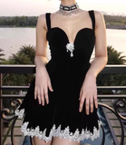Ndyad Black Sweetheart Neck A-Line Satin Lace Short Evening Gowns Party Dresses HZ1024