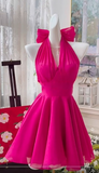 Ndyad Fuchsia Halter Neck A-Line Chiffon Short Party Dress Cocktail Outfit HZ1024