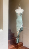 Ndyad Green Spaghetti Straps Sheath Lace Chiffon Prom Dresses Elegant Wedding Guest Dresses HZ1024
