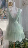 Ndyad Light Green V-neck A-Line Layed Tulle Short Prom Dresses Sweet 16 Evening Gowns HZ1024