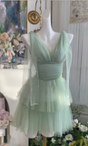 Ndyad Light Green V-neck A-Line Layed Tulle Short Prom Dresses Sweet 16 Evening Gowns HZ1024