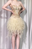 Ndyad Gold Strapless A-Line Beaded Tulle Short Prom Dresses Gorgeous Homecoming Dresses HZ1024