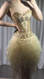 Ndyad Gold Strapless A-Line Beaded Tulle Short Prom Dresses Gorgeous Homecoming Dresses HZ1024