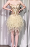 Ndyad Gold Strapless A-Line Beaded Tulle Short Prom Dresses Gorgeous Homecoming Dresses HZ1024