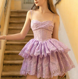 Ndyad Purple Spaghetti Straps A-Line Lace Applique Short Birthday Evening Dress Princess-like Homecoming Dress HZ1024