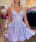 Ndyad Purple Sweetheart Neck A-Line Sequins Satin Short Prom Dresses Gorgeous Homecoming Dresses HZ1024