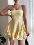 Ndyad Butter Yellow Spaghetti Straps A-Line Chiffon Short Cocktail Party Dress HZ1024