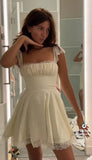 Ndyad White Square Neck A-Line Satin Lace Short Party Dress HZ1024