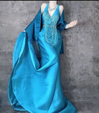 Ndyad Blue Mermaid V Neck Satin Long Prom Dresses Formal Evening Dress with Open Back HZ1024